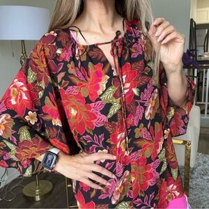 Cynthia Steffe Casual Floral Flowy Red Round Neck Half Kimono Sleeve Blouse TopL